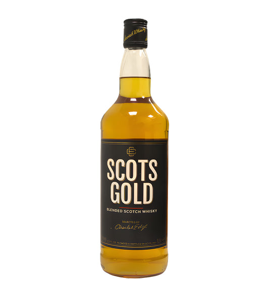 Light-to-medium amber whisky, 1L bottle, “Scots Gold” label in gold and black, white background, cinematic lighting emphasizing the clarity of glass and label details, subtle reflections on surface.