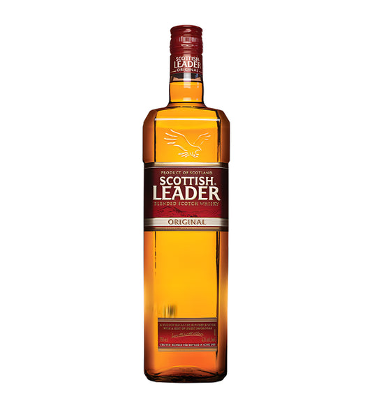 Deep amber whisky, iconic “Scottish Leader” label in black/gold, 1L bottle, white background, soft cinematic lighting showing glass texture, shadows under bottle for depth.