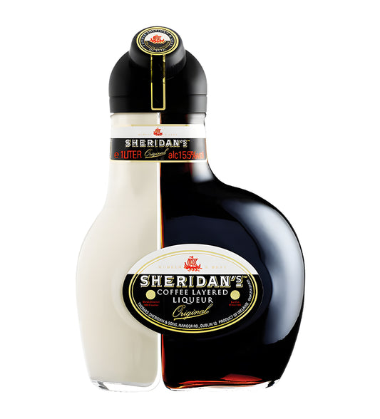 Bottle of Sheridan's Coffee Liqueur on a white background