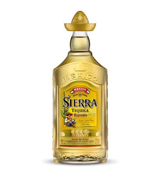 Sierra Gold Reposado Tequila 1L clear glass bottle on white background, golden spirit with red label and sombrero-shaped cap