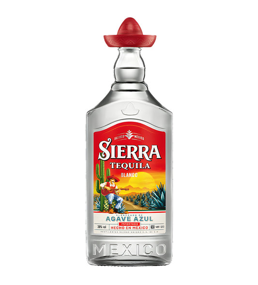 Sierra Silver Tequila 1L clear glass bottle on white background, clear spirit with blue label and sombrero-shaped cap