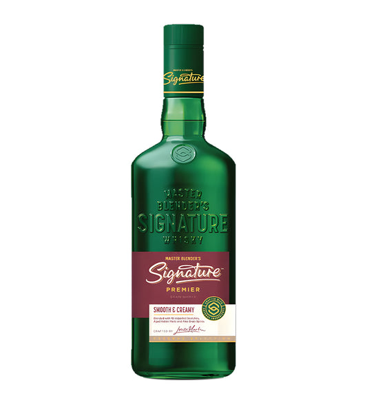 Light amber whisky, 75cl bottle, “Signature Premier Grain” branding, white background, realistic reflections, cinematic lighting to highlight label and glass contours.