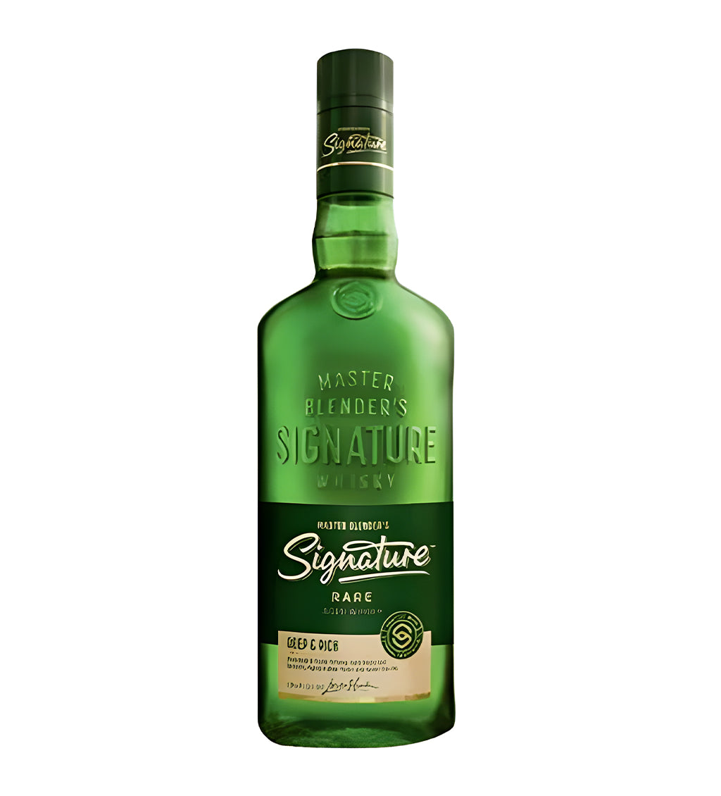 1L amber whisky, Signature Rare label, “WO Mon” (without monogram/mono), white background, cinematic lighting emphasizing bottle and liquid clarity, subtle shadows for realism.