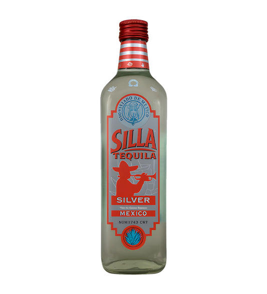 Silla Silver Tequila 70cl clear glass bottle on white background, clear spirit with white and silver label featuring agave imagery
