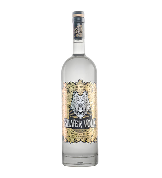 Silver Volk Vodka 1L clear glass bottle on white background, silver and black label with wolf emblem and brand logo