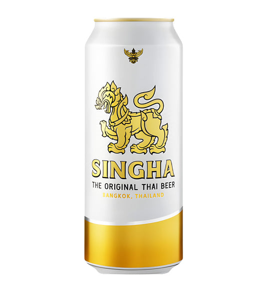 Singha beer can with gold lion logo on a white background