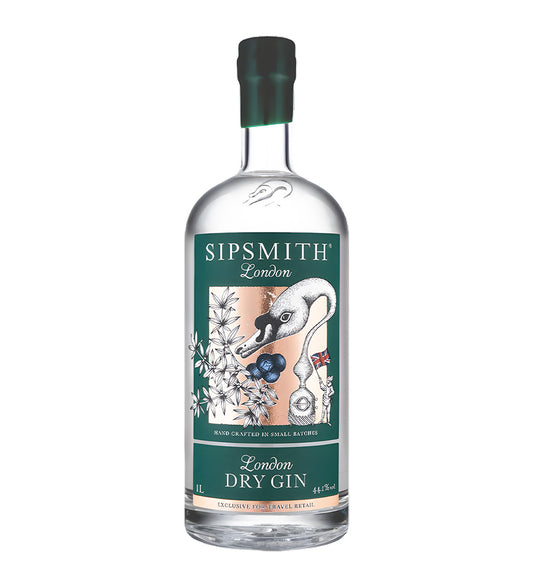 Sipsmith London Dry Gin 1L clear glass bottle on white background, green label with copper swan logo and botanical illustrations