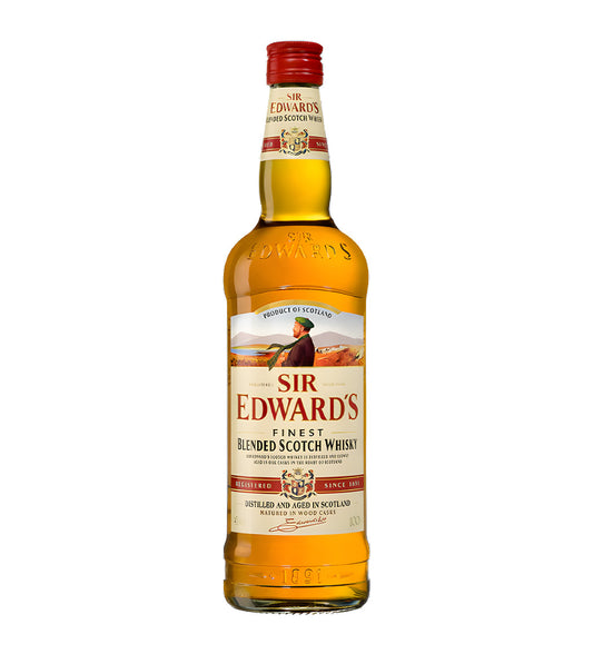1L amber whisky, classic “Sir Edwards” label in black/gold, white or neutral background, realistic shadows and reflections, cinematic product-style lighting.