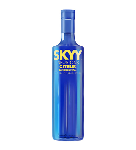 Blue bottle of Skyy Infusions Citrus vodka on a white background