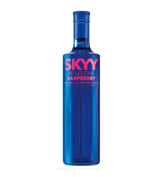 Blue bottle of Skyy Infusions Raspberry vodka on a white background