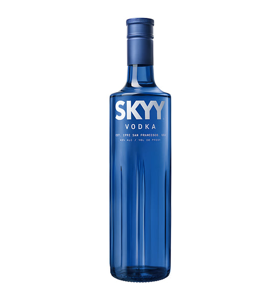 Skyy Vodka 1L cobalt blue glass bottle on white background, silver cap with white brand logo