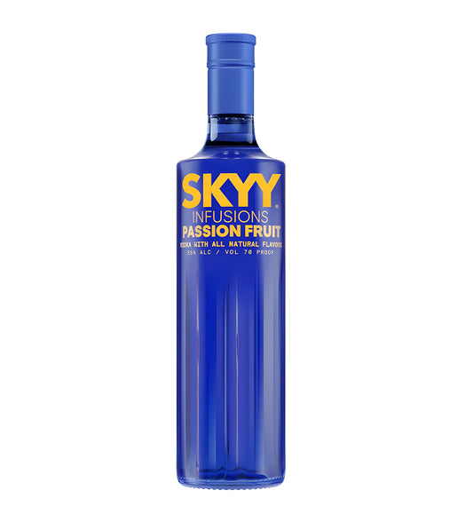 Skyy Infusions Passionfruit Vodka 1L frosted purple glass bottle on white background, tropical fruit label with brand logo