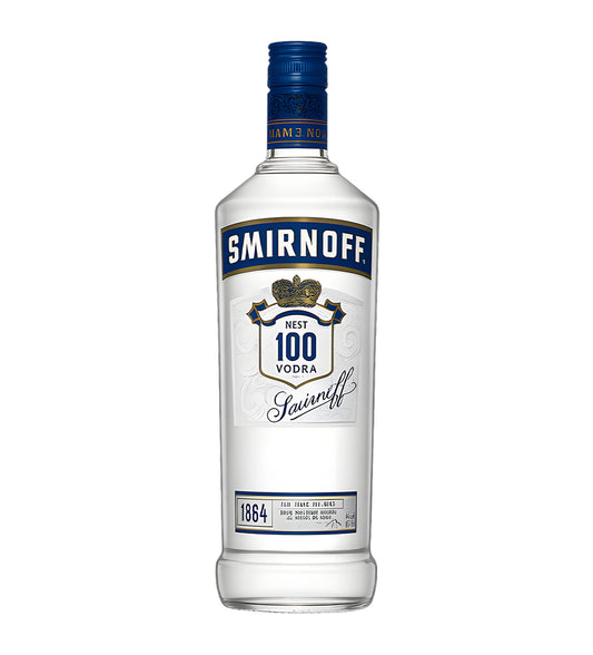Smirnoff Blue Label Vodka 75cl clear glass bottle on white background, blue and silver label with brand logo