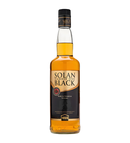 Small 37.5cl bottle, deep amber/black whisky, Solan No 1 Black label, white background, cinematic reflections, subtle shadowing.