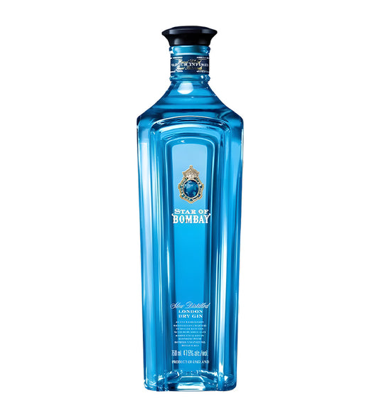 Star of Bombay premium London Dry Gin 75cl blue glass bottle on white background, elegant label with silver and gold detailing