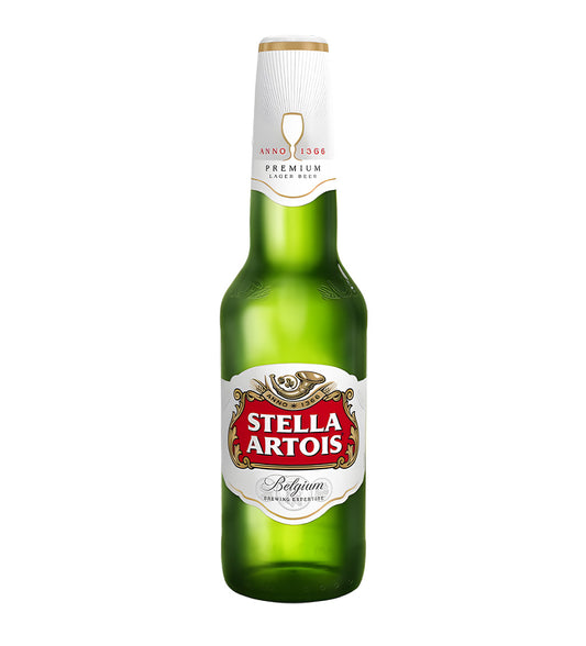 Stella Artois premium lager beer 33cl glass bottle on white background, green bottle with white and gold label