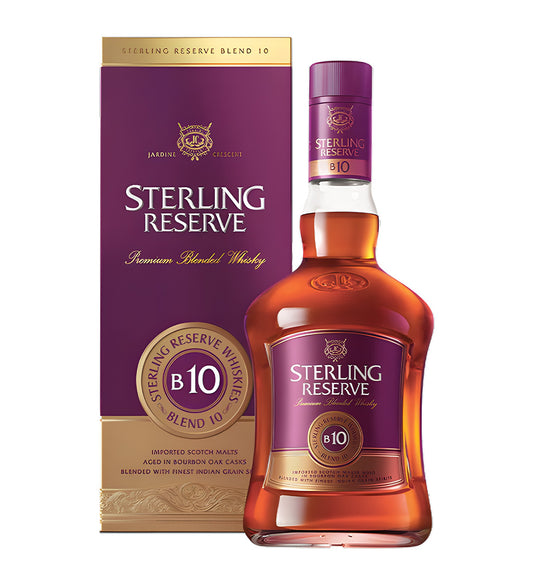 75cl bottle, amber whisky, Sterling Reserve No.10 Premium Blend label, cinematic lighting emphasizing label and glass, white/neutral background, realistic shadows.