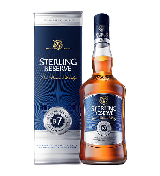 75cl bottle, amber whisky, “Sterling Reserve B7” label, cinematic product-style lighting, subtle reflections on glass, realistic shadows, white or neutral background.