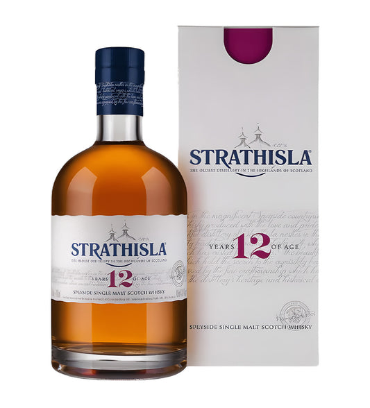 1L single malt, amber liquid, classic Strathisla label, white background, cinematic lighting highlighting label and glass, realistic reflections.