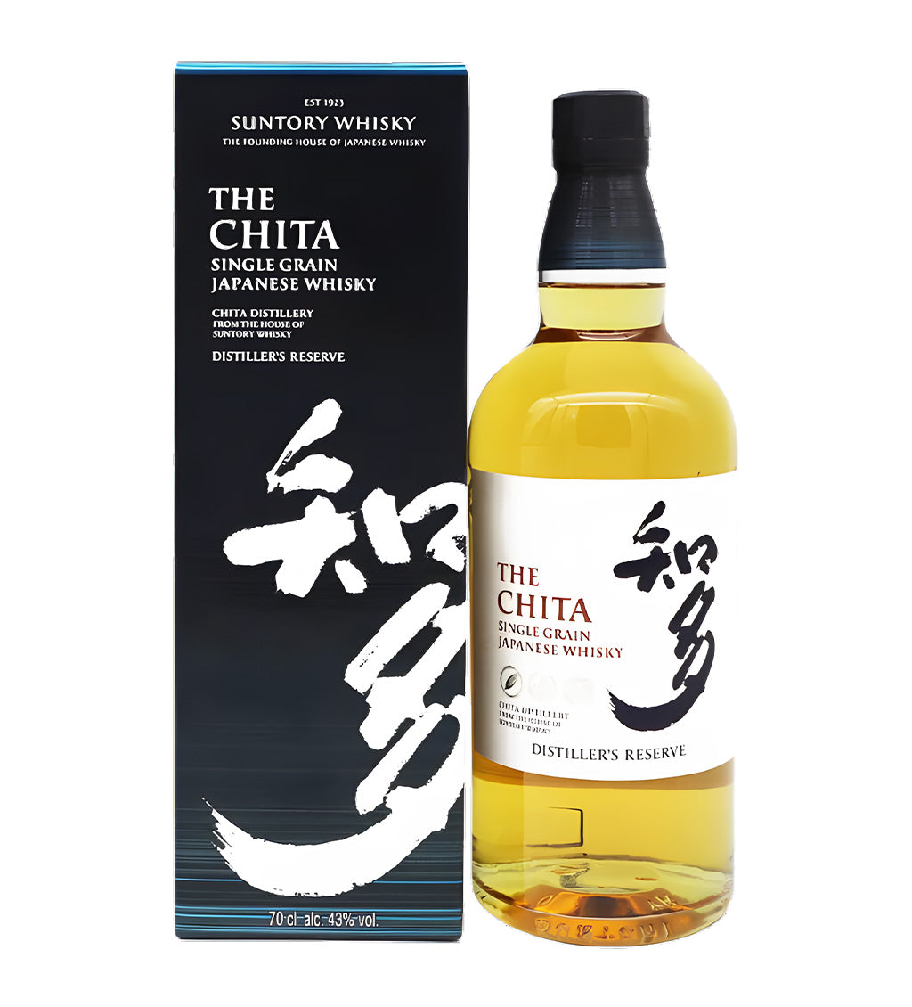 70cl bottle, pale amber single grain whisky, Suntory Chita branding, neutral background, cinematic lighting, soft shadows, reflections on glass.
