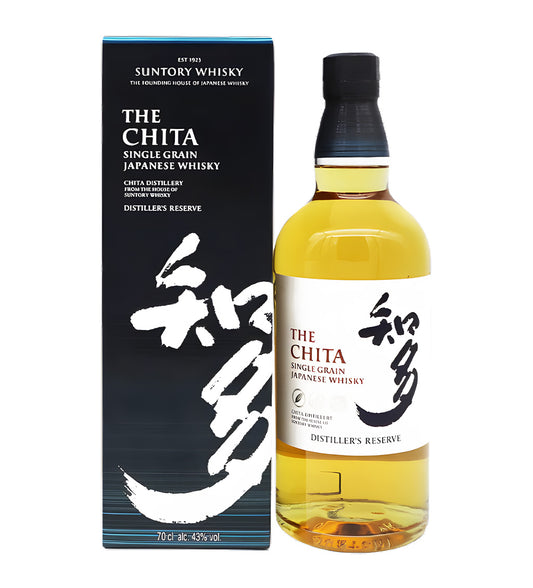 70cl bottle, pale amber single grain whisky, Suntory Chita branding, neutral background, cinematic lighting, soft shadows, reflections on glass.