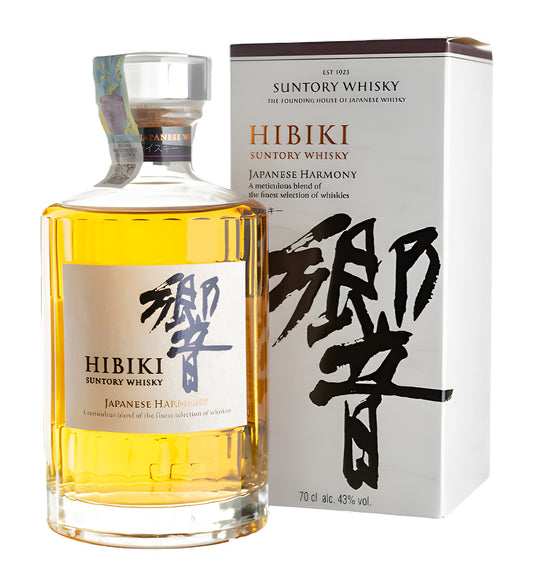 70cl bottle, light golden whisky, “Hibiki Harmony” elegant labeling, cinematic product lighting, reflective glass, subtle shadows, clean background.