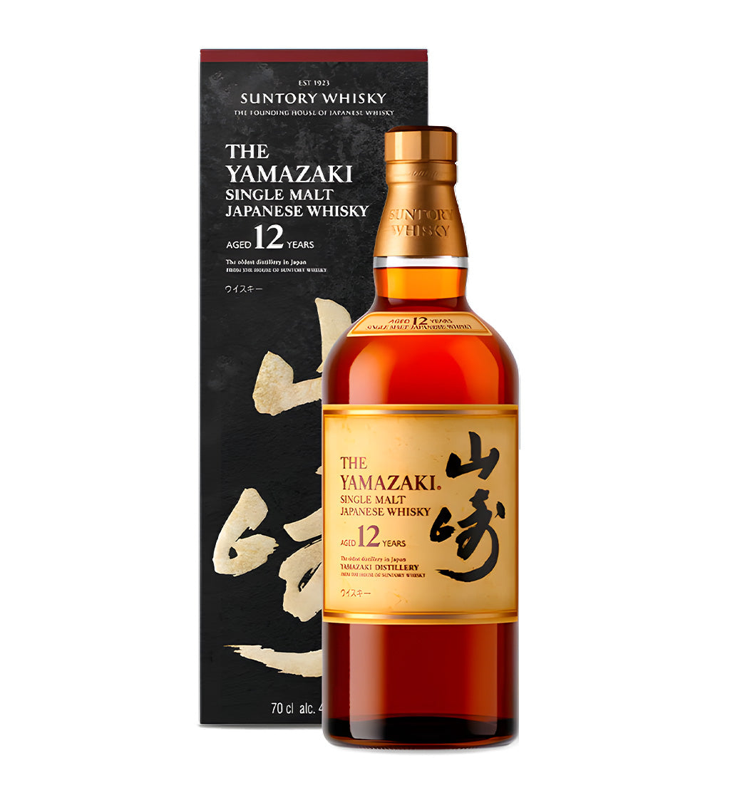 70cl single malt, amber whisky, classic Yamazaki 12Y label, cinematic lighting with reflections on glass, subtle shadows, neutral or white background.
