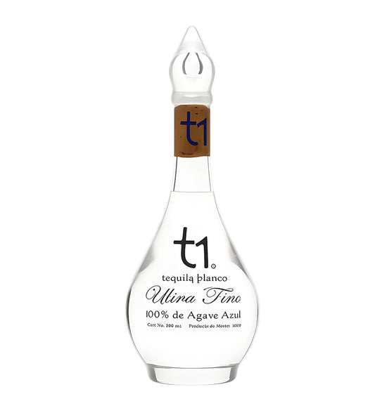 T1 Ultra Fino Blanco Tequila 75cl clear glass bottle on white background, clear spirit with silver and blue label featuring agave imagery