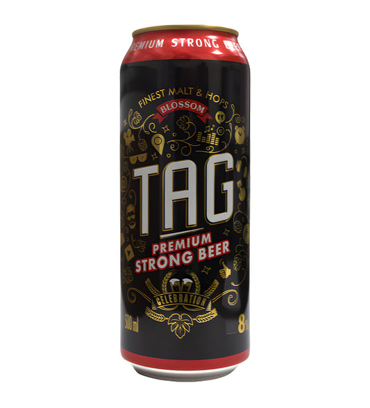 Tag premium strong lager beer 50cl can on white background, black and gold design with brand logo