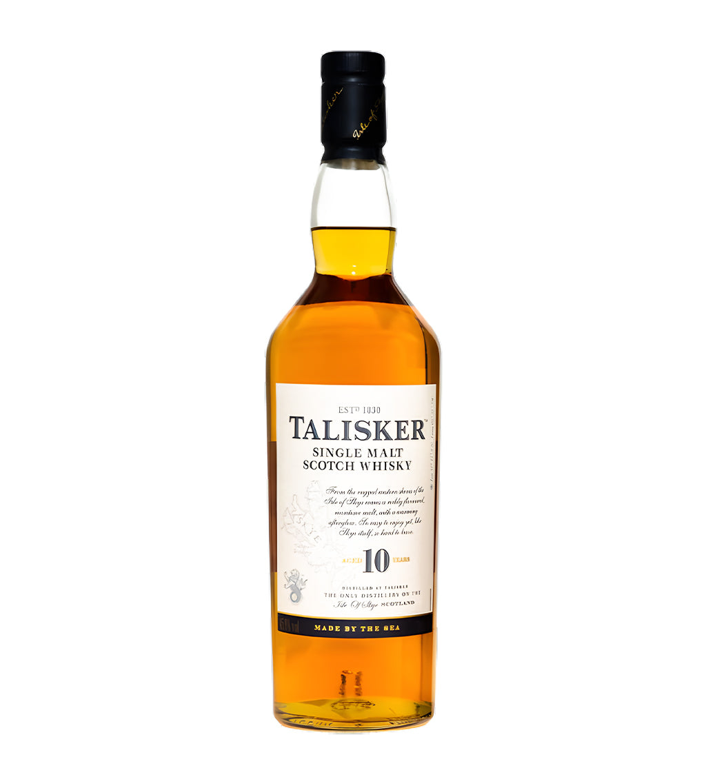 75cl single malt, amber liquid, Talisker 10Y label, cinematic lighting emphasizing bottle texture, realistic shadows, neutral background