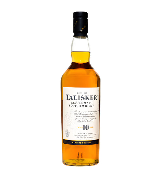 75cl single malt, amber liquid, Talisker 10Y label, cinematic lighting emphasizing bottle texture, realistic shadows, neutral background