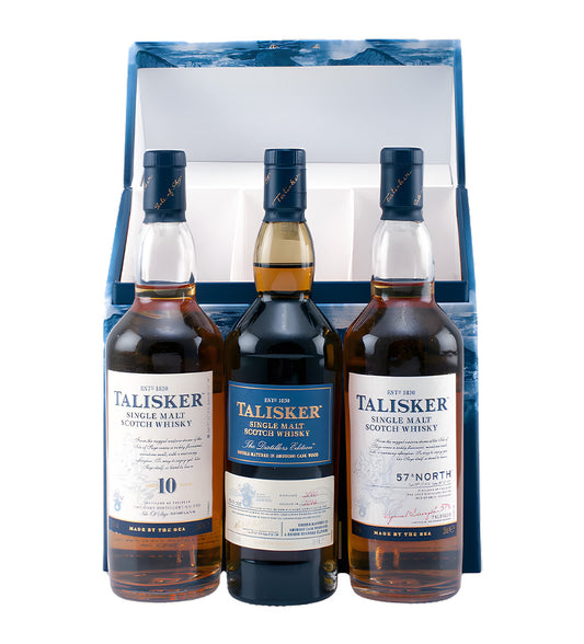 Set of 3 miniature 20cl bottles, amber whisky, Talisker branding on each, cinematic lighting, reflections on glass, arranged neatly, white or neutral background.