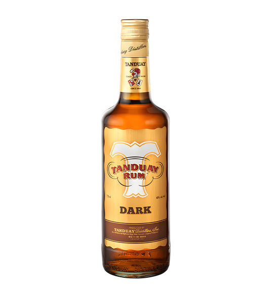 Tanduay Dark Rum 75cl bottle with black and gold label on white background