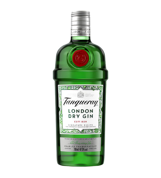 Tanqueray London Dry Gin 75cl green glass bottle on white background, red seal with white label and brand logo