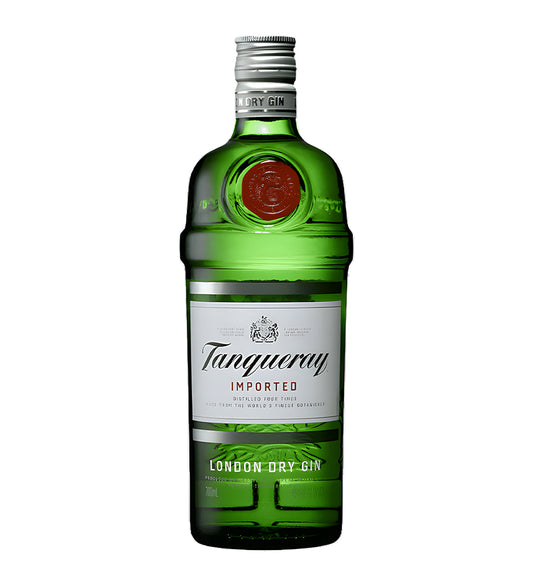 Tanqueray London Dry Gin 1L green glass bottle on white background, red seal with white label and brand logo