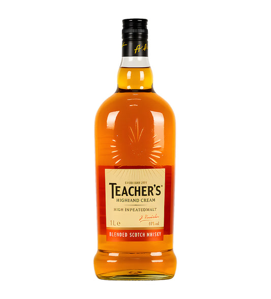 1L blended Scotch whisky, amber liquid, Teachers branding, cinematic lighting highlighting the bottle and label, realistic reflections on glass, soft shadows, neutral background for a clean, premium look.