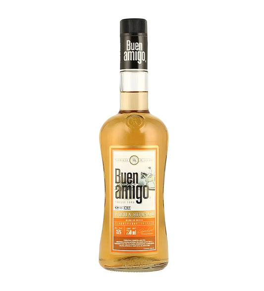 Tequila Buen Amigo Silver 1L clear glass bottle on white background, clear spirit with blue and silver label featuring agave motif