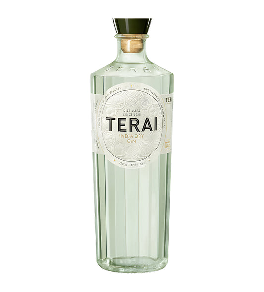 Terai Indian Craft Dry Gin 75cl clear glass bottle on white background, embossed design with green and gold label