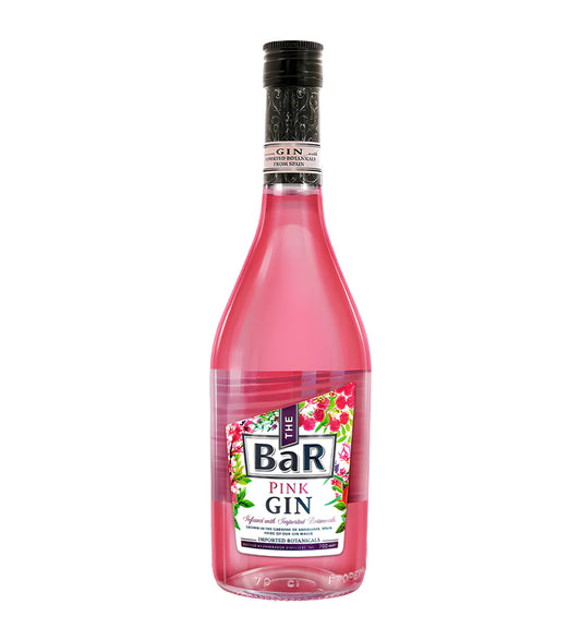  The Bar Pink Gin 70cl clear glass bottle on white background, pink hue with white and gold label featuring berry graphics