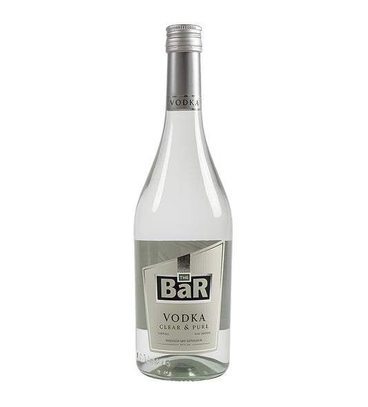 The Bar Silver Clear & Pure Vodka 70cl clear glass bottle on white background, silver and white label with brand logo