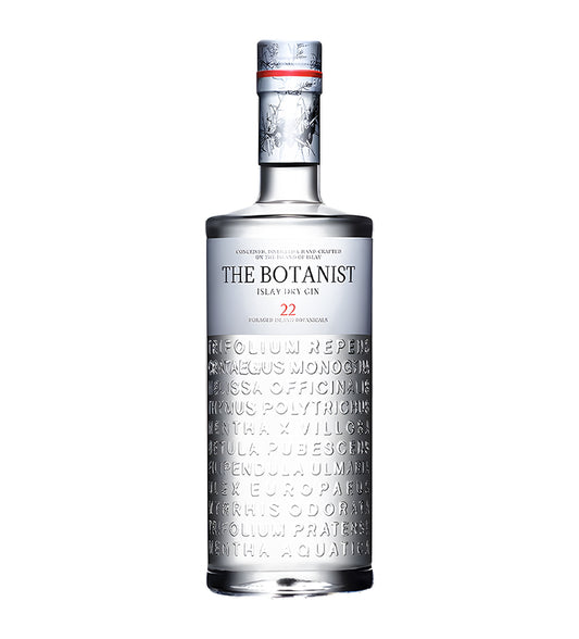The Botanist Islay Dry Gin 70cl clear glass bottle on white background, embossed text with white label and red accents