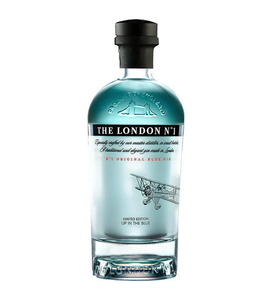 The London No.1 Gin 1L light blue glass bottle on white background, elegant white label with blue and silver detailing