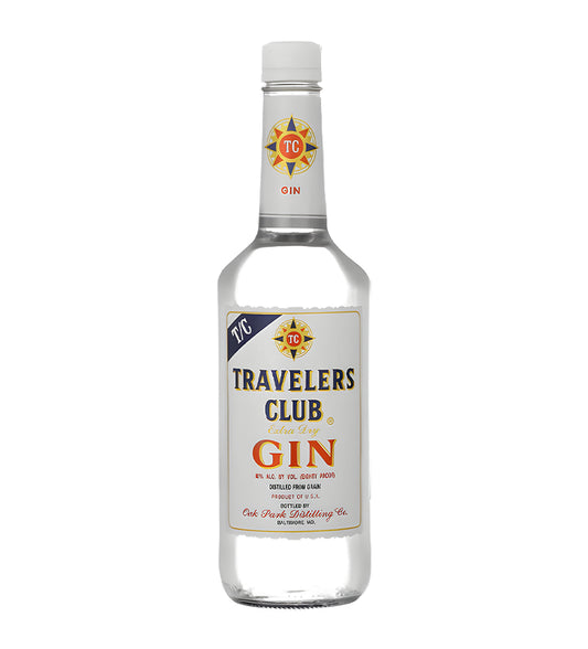Travelers Club Gin 1L clear glass bottle on white background, white label with red and gold accents and brand logo