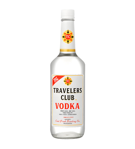 Bottle of Travelers Club Vodka on a white background