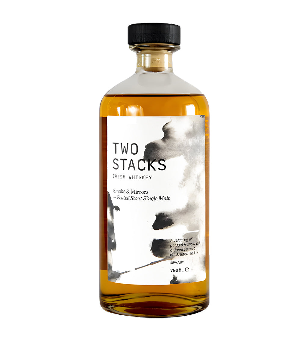 70cl peated whisky, rich amber-brown liquid, “Smoke & Mirrors” label with stout cask detail, cinematic lighting emphasizing bottle texture and color, realistic shadows and reflections, neutral background.