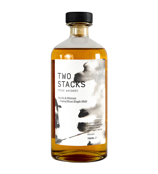 70cl peated whisky, rich amber-brown liquid, “Smoke & Mirrors” label with stout cask detail, cinematic lighting emphasizing bottle texture and color, realistic shadows and reflections, neutral background.