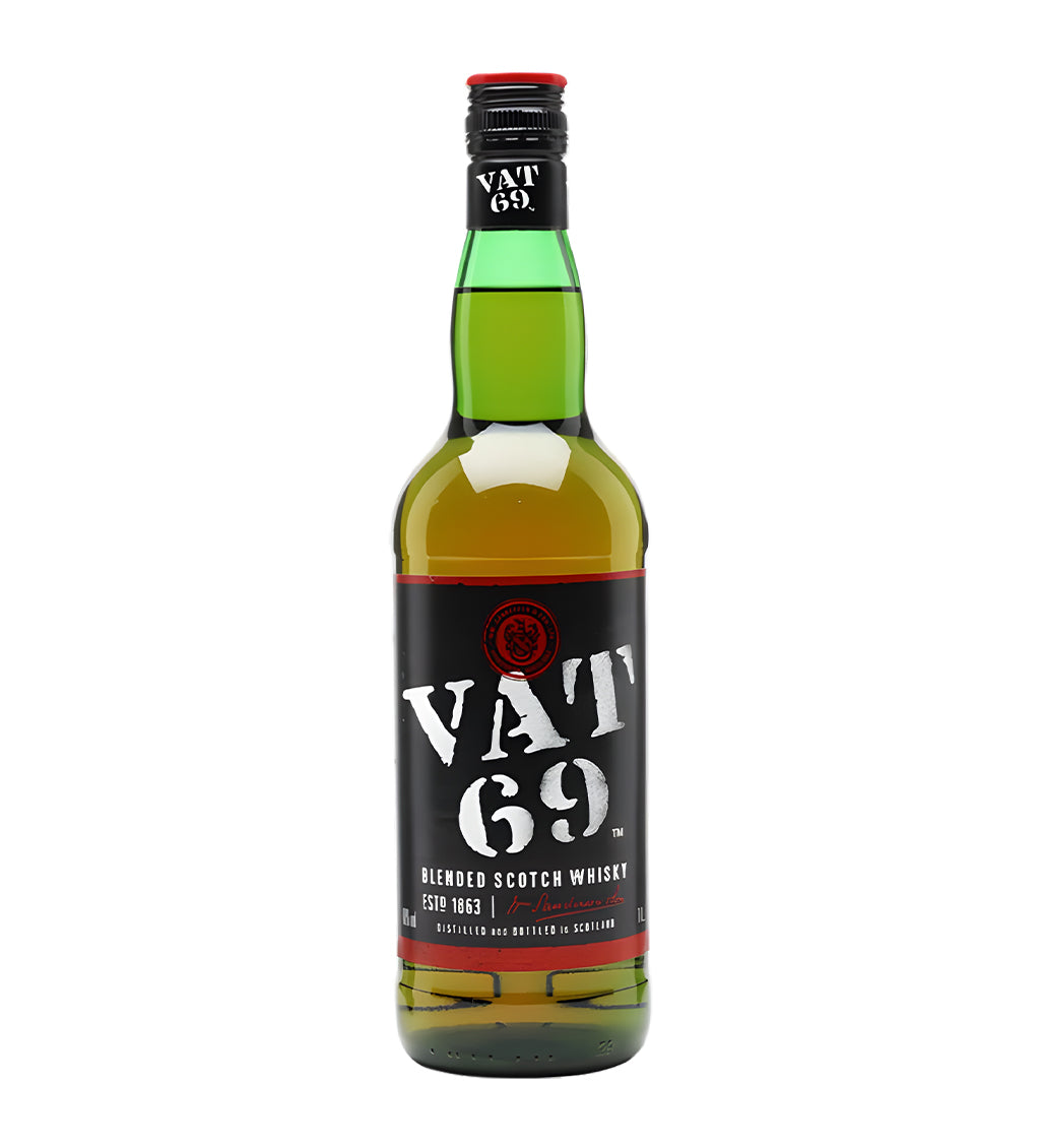 1L blended scotch, amber liquid, Vat 69 branding, cinematic lighting highlighting bottle shape and label, realistic glass reflections, subtle shadows, clean background.
