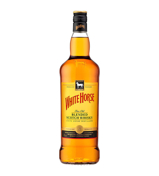 1L blended scotch, amber liquid, White Horse branding, cinematic lighting for premium feel, reflective bottle, soft shadows, clean background.