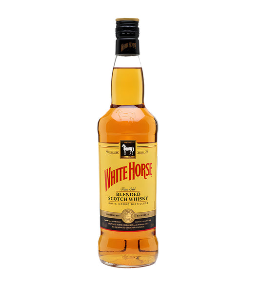 75cl bottle, amber blended scotch, White Horse label, cinematic lighting, glass reflections, soft shadows, neutral background