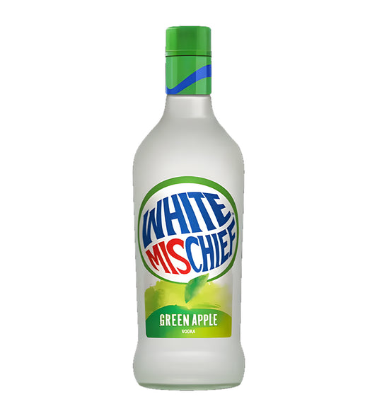 White Mischief Green Apple Vodka 75cl clear glass bottle on white background, green label with apple imagery and brand logo